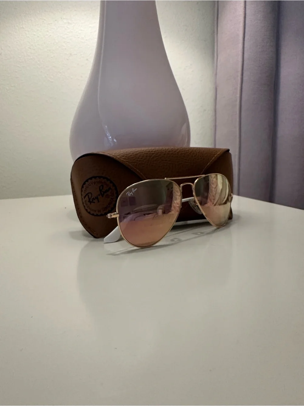 Ray-Ban Rose Gold Lens White and Gold Frame Aviator Sunglasses